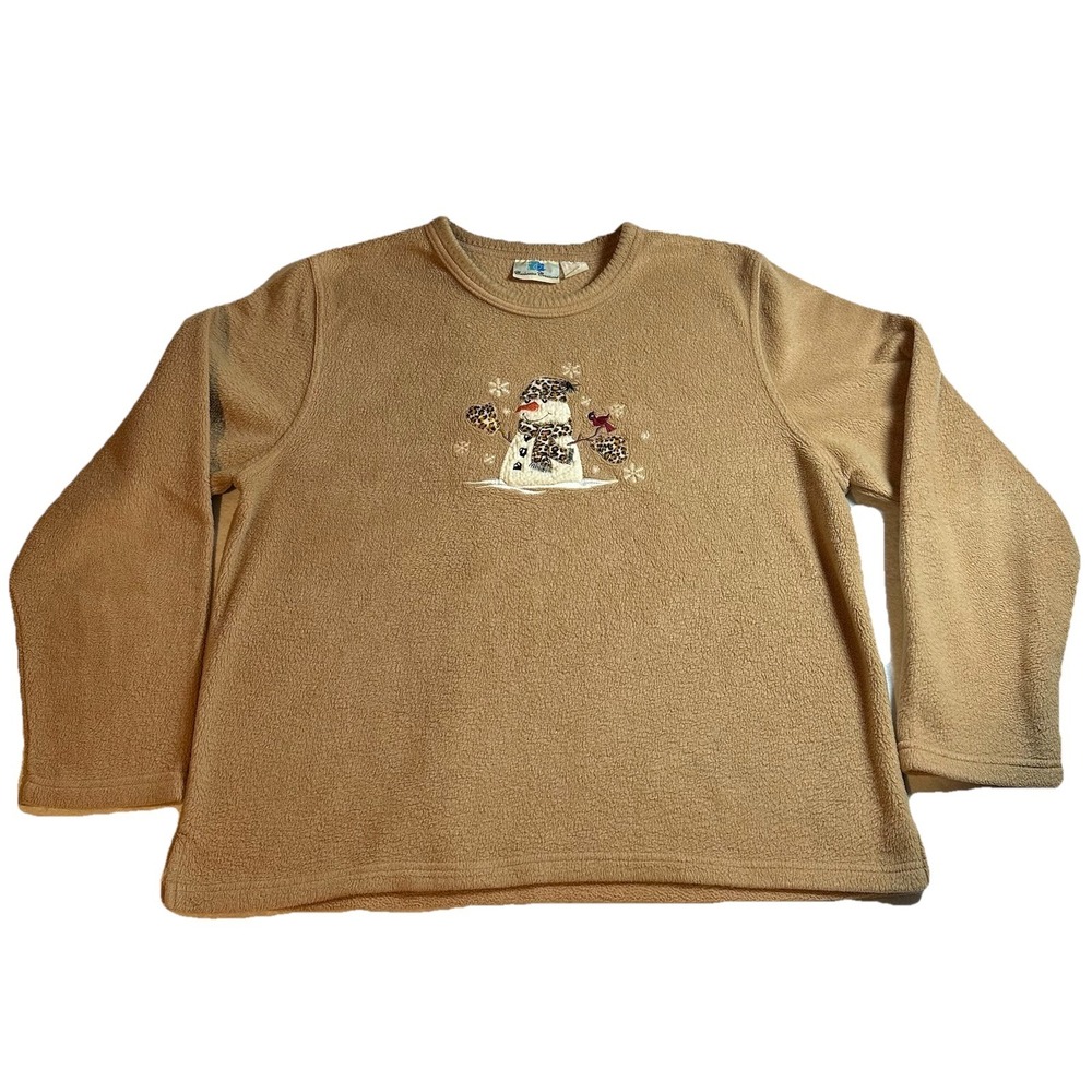 Vintage Coolwater Creations Tan Fleece Embroidered Snowman Sweatshirt Women's XL